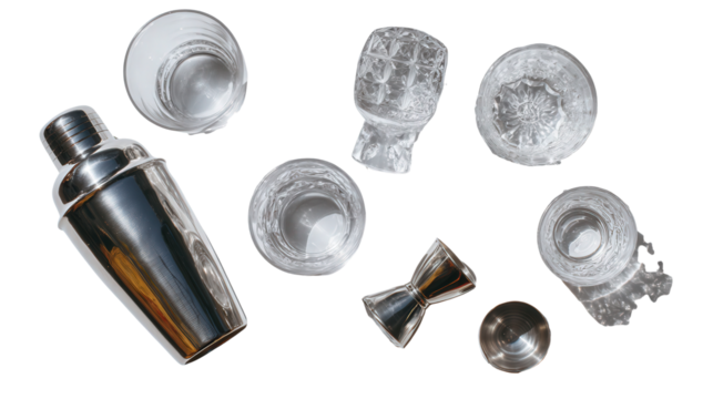 Classic Cocktail Glasses and Shaker: A flat lay of classic cocktail glasses and a shaker, isolated on a Transparent background, PNG file.