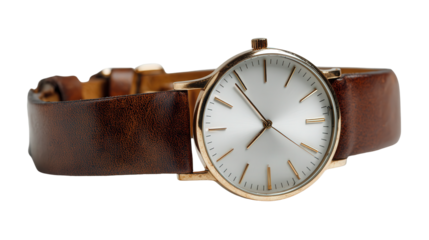 Classic Watch : A flat lay of a classic watch with a leather strap, isolated on a Transparent background, PNG file.