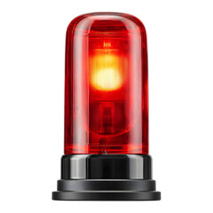 A bright red emergency siren light with a glowing yellow bulb inside, mounted on a black base, isolated against a stark transparent background, signaling an urgent alert