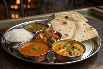 Authentic indian thali meal with rice and flatbread