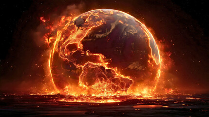 Ecological problem of planetary warming, a planet under flames due to heat.
