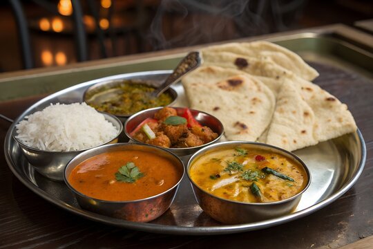 Authentic indian thali meal with rice and flatbread