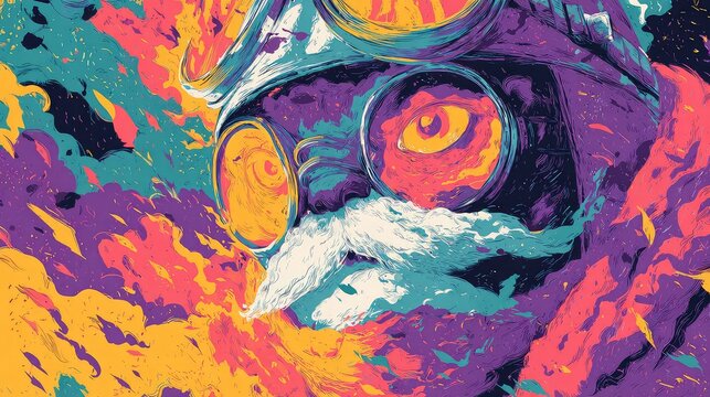 an artistic and vibrant illustration of a bird like creature with a detailed and expressive face, set against a background that suggests movement or flight