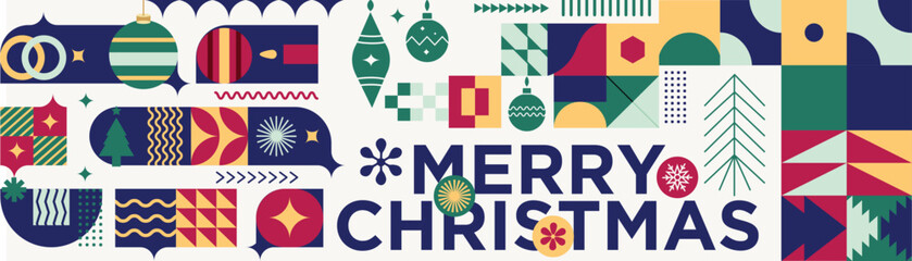 Merry Christmas Vibrant Abstract Geometric Pattern with Modern Typography Colorful Festive Ornaments and Snowflakes Holiday Greeting Background Design