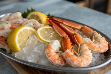 Delicious platter of chilled shrimp and crab legs with lemon slices on ice