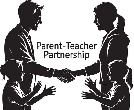 Adult shaking hands with another adult while children watch handshake partnership