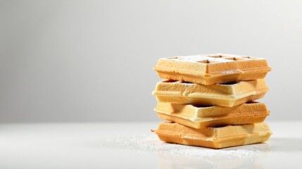 A Delicious Stack of Golden Waffles Dusted with Powdered Sugar on a White Surface