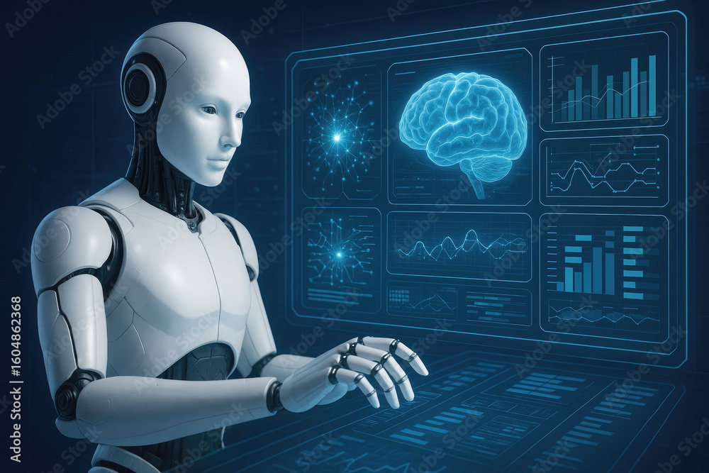 Poster humanoid robot interacting with futuristic holographic interface displaying brain and data