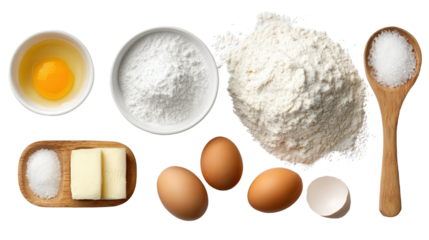Clean and Simple Baking Ingredients: A flat lay of clean baking ingredients like flour, sugar, and eggs, isolated on a Transparent background, PNG file.