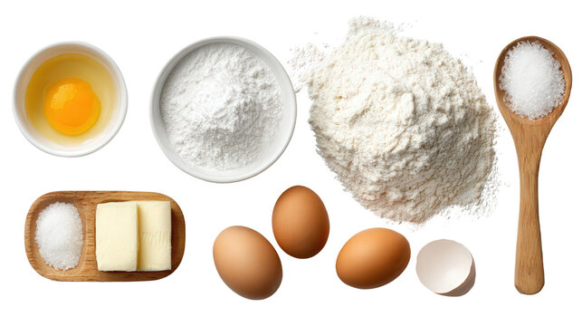 Clean and Simple Baking Ingredients: A flat lay of clean baking ingredients like flour, sugar, and eggs, isolated on a Transparent background, PNG file.