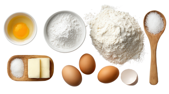 Clean and Simple Baking Ingredients: A flat lay of clean baking ingredients like flour, sugar, and eggs, isolated on a Transparent background, PNG file.