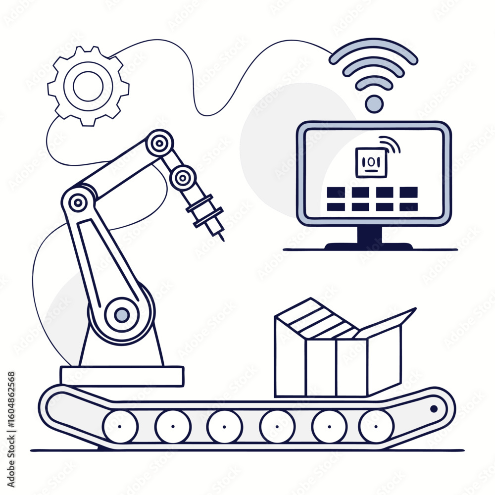 Fototapete automated production line with robotic arm, conveyor belt, box, gear and computer with wifi symbol