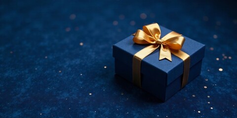 A luxuriously wrapped midnight blue gift box adorned with a golden ribbon, resting on a shimmering dark blue surface.