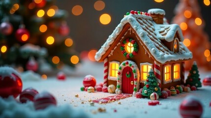 A charming illuminated gingerbread house nestled in a snowy winter scene, surrounded by festive ornaments and twinkling lights, creating a magical holiday ambiance.