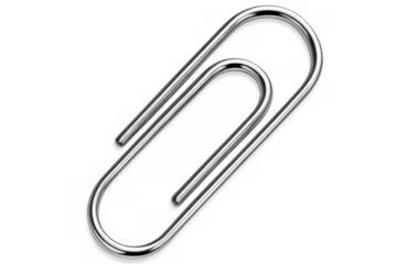 Chrome paperclip positioned on clear surface, highlighting metallic sheen and minimalist office accessory design