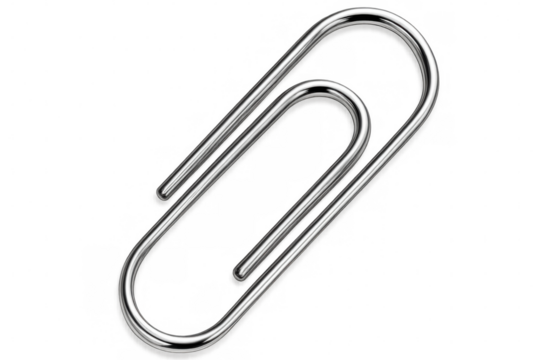 Chrome paperclip positioned on clear surface, highlighting metallic sheen and minimalist office accessory design