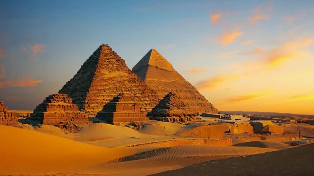The Great Pyramids at dawn, bathed in golden early morning light, long shadows stretching across the sand, clear sky slowly turning from deep blue to pale orange, textured stone blocks