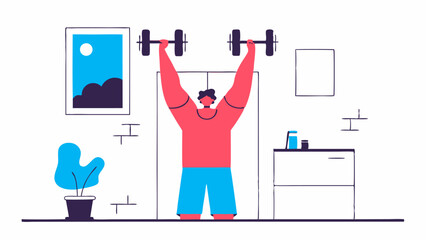 Mężczyzna trenujący z hantlami w domu. Koncepcja domowej siłowni, fitnessu i zdrowego stylu życia.