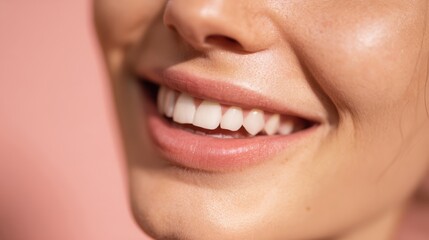 Obraz premium The radiant smile of a young woman against a soft pink background.