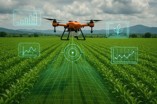 Orange drone flying over green crop field with futuristic data displays agriculture - Powered by Adobe