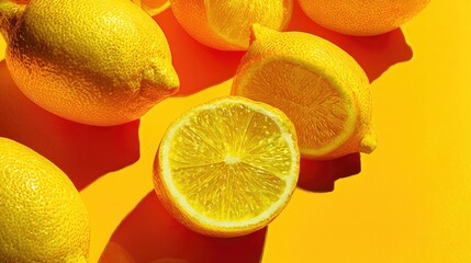 a collection of lemons with their bright yellow skin and green tops, each cut in half to reveal the inner flesh. these freshly sliced fruits are neatly arranged against a vibrant orange background