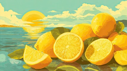a vibrant scene of freshness featuring a pile of yellow lemons atop green limes on a wooden surface, set against a backdrop of a serene body of water under a clear blue sky with a sunset