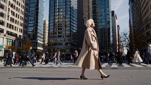 Elegant lady strolls busy crosswalk at noon, elegant lady in cream trench outshines towering glass skyline, elegant lady highlights senior style with poised grace. Concept graceful aging empowerment.