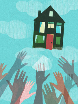 Hands reaching for house in sky