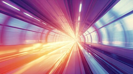 a vibrant, futuristic tunnel filled with high speed trains. the motion blur and dynamic colors suggest movement and speed as the trains fly past at great velocity