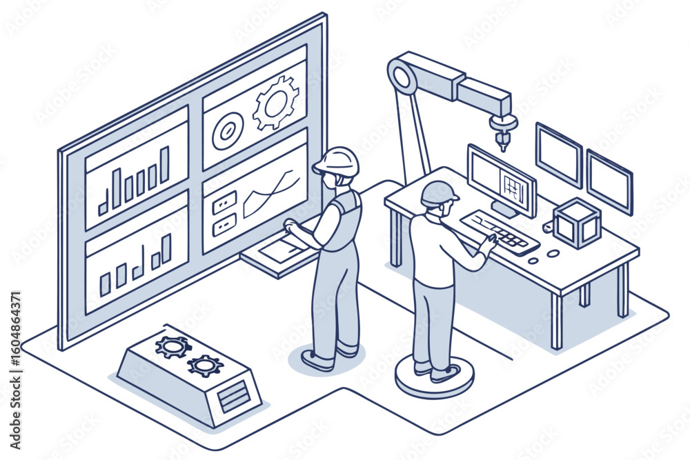 Aufkleber two engineers operating machinery and analyzing data on a large display screen in a factory setting