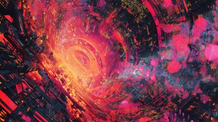 an abstract art piece with a vibrant and dynamic aesthetic. it features a mix of bright colors and darker elements that create an intense visual experience