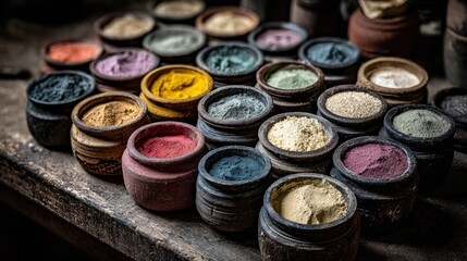 Colorful pigments in small terracotta pots