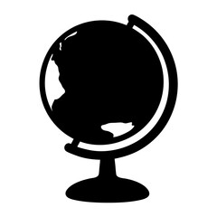 A classic black and white icon of a globe with a stand