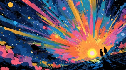 this is an illustration featuring a vibrant explosion in full color against a dark night sky. the explosion has multiple hues including blues, yellows, reds, and purples