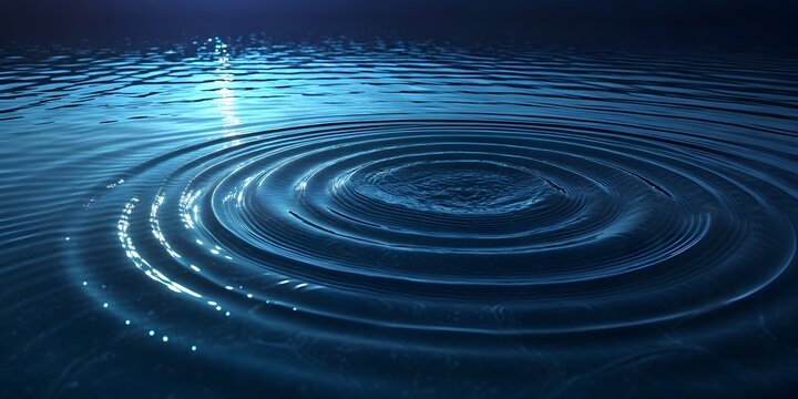 Concentric ripples on dark blue water surface with light reflection. Abstract blue background.
