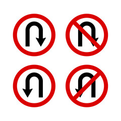 Set of U-turn and no U-turn traffic signs with circular red borders and arrow icons, used for driving instructions, transportation safety, and road direction control visuals
