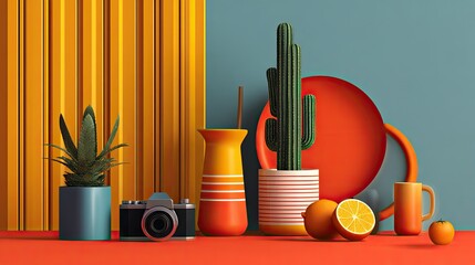 an assortment of objects arranged on a table against a vibrant orange background