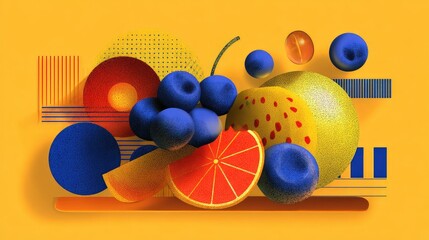 a vibrant illustration featuring a mix of fruits and geometric shapes. at the center, there's an assortment of blueberries, slices of orange, and halves of grapefruit arranged in an abstract pattern