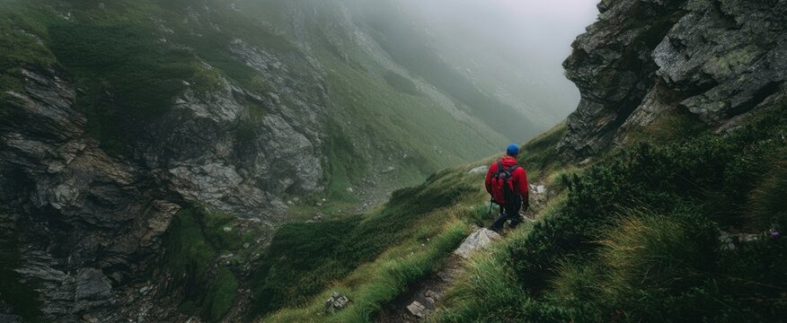 The hiker navigating a misty mountain trail amid lush greenery and rocky terrains.