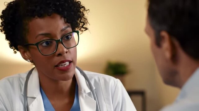 Doctor consulting patient in clinic, suitable for healthcare industry marketing materials, website articles, brochures, medical presentations, and social media posts.