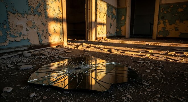Broken Mirror Lying on Dusty Floor of Abandoned Building