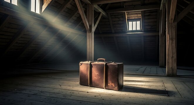 Single Suitcase Covered in Dust in Forgotten Attic