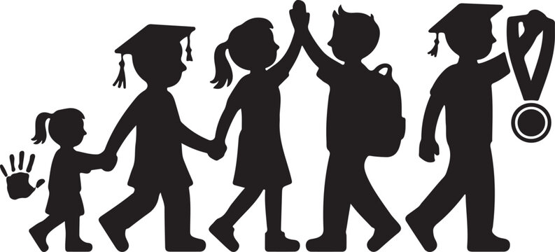 Children celebrating graduation and achievement caps gowns