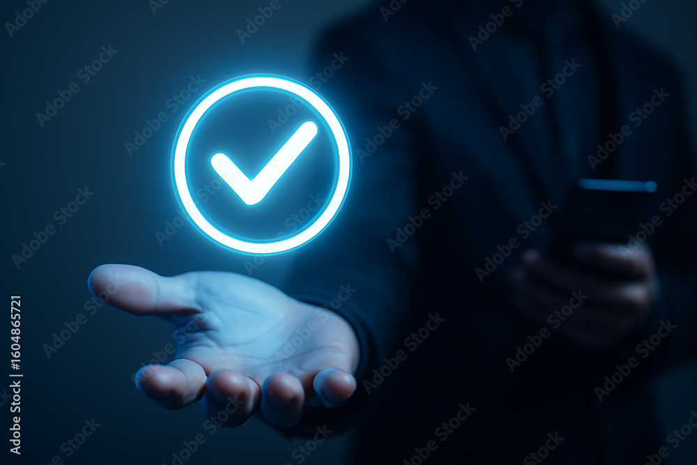 Poster businessman holding glowing check mark verification icon representing successful digital approval in