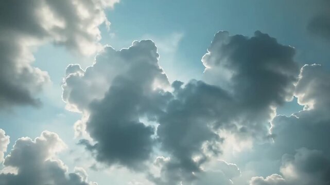 Fluffy clouds with radiant sunlight piercing through blue sky, capturing dramatic light and shadow interplay in atmospheric motion
