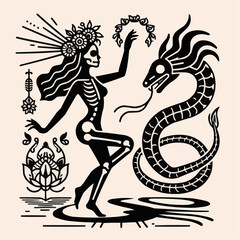 Fototapeta premium Dancing skeleton woman with serpent, mystical mood, artistic illustration, Day of the Dead concept 