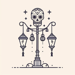 Skull lamp post with decorative lanterns, whimsical mood, artistic illustration, Day of the Dead concept

