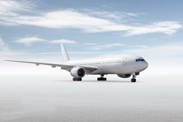 White wide body passenger airplane isolated on bright background with sky
