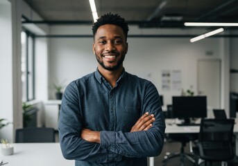 Obraz premium Confident man smiling arms crossed in modern office african american
