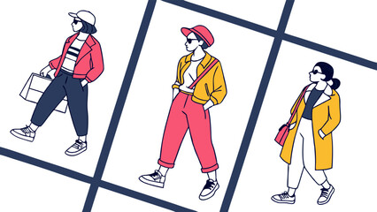 Three stylish women in trendy outfits and hats showcasing modern fashion with bold colors and clean line art illustration